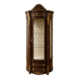 Grand French Louis XV Display Vitrine Cabinet – Ornate Wood Curio With Glass, Velvet Interior & Gold Leaf Details For Sale