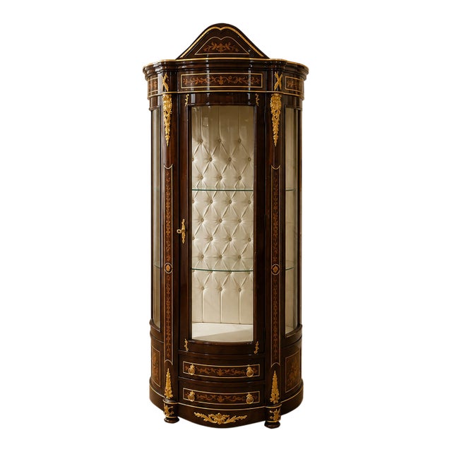 Grand French Louis XV Display Vitrine Cabinet – Ornate Wood Curio With Glass, Velvet Interior & Gold Leaf Details For Sale