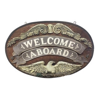 Vintage Nautical "Welcome Aboard" Wooden Yacht Sign For Sale