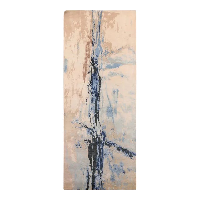 Rug & Kilim's Modern Abstract Rug With Beige and Blue Distressed Pattern For Sale