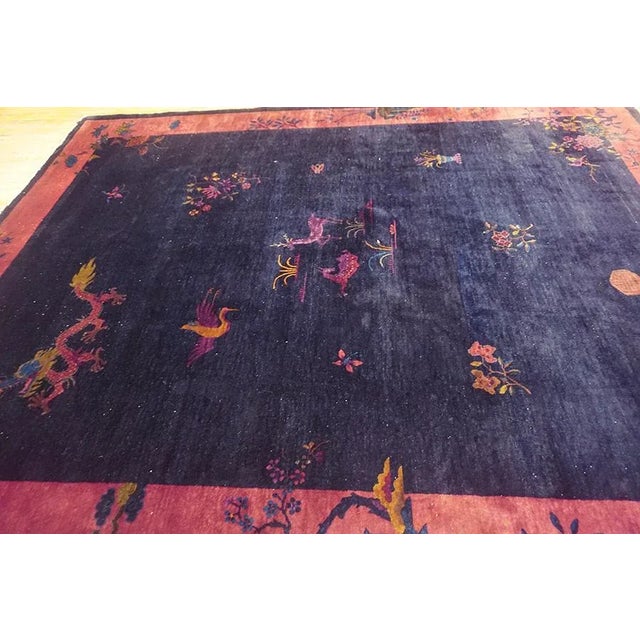 1920s Blue Navy Floral Animal Antique Chinese Art Deco Carpet 9' X 11'6" Knotted Wool Rug For Sale - Image 4 of 15