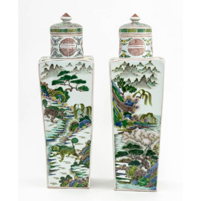 Mid 20th Century Chinese Famille Verte Square Covered Vases, 2 For Sale - Image 5 of 15