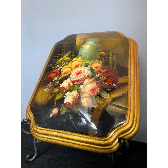 Vintage Handpainted Russian Still Life Lacquered Painting With Gilded Edges For Sale In Palm Springs - Image 6 of 12