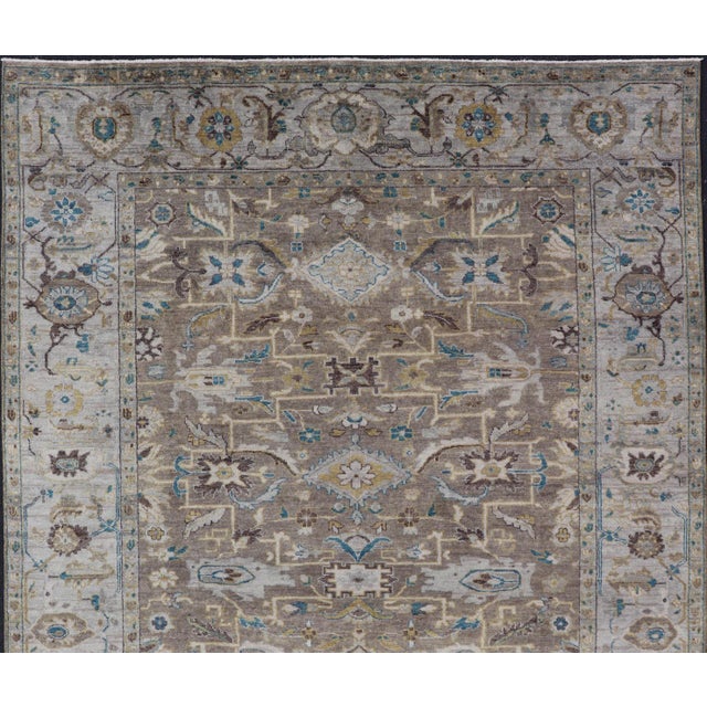 Early 21st Century Modern Heriz Geometric Rug in Earthy Browns and Soft Blues 9'0 X 10'6 For Sale - Image 5 of 11