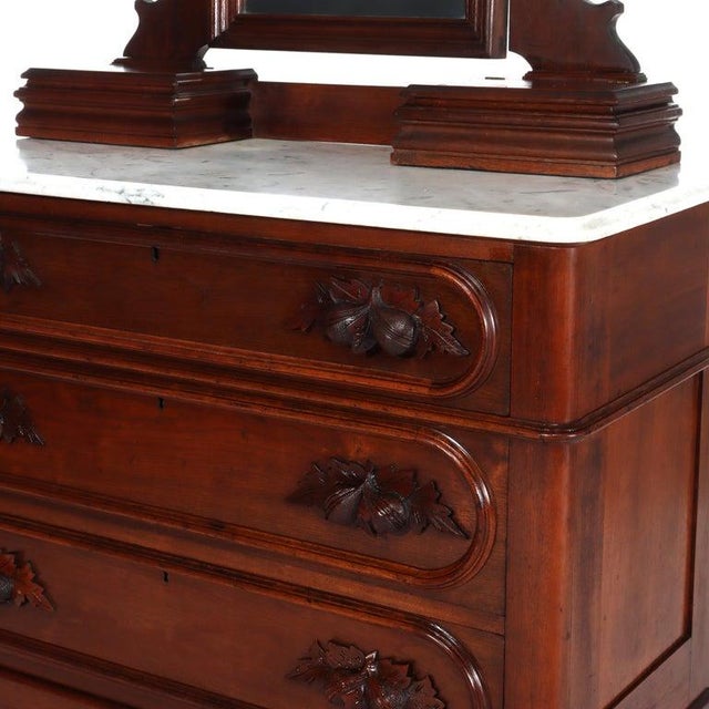 Antique Rococo Walnut 3-Drawer Marble Top Dresser & Mirror C1890 For Sale - Image 4 of 16
