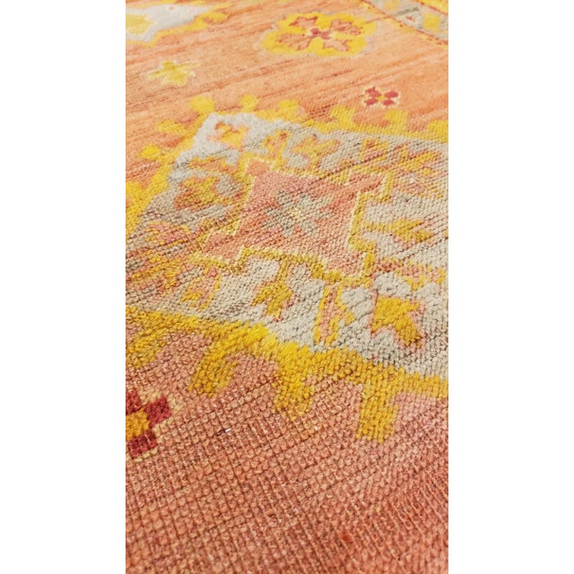Textile Antique Oushak Runner, Turkish Oriental Rug, Handmade Peach, Yellow, Light Blue For Sale - Image 7 of 10