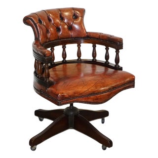 Hand Dyed Brown Leather Chesterfield Captains Office Swivel Armchair For Sale