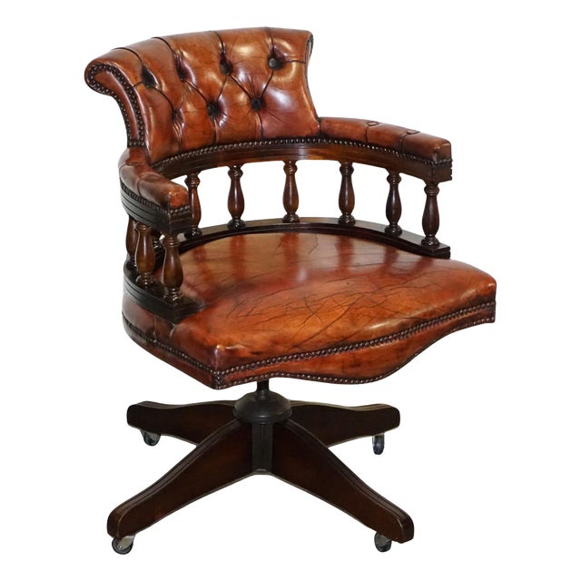 Hand Dyed Brown Leather Chesterfield Captains Office Swivel Armchair For Sale