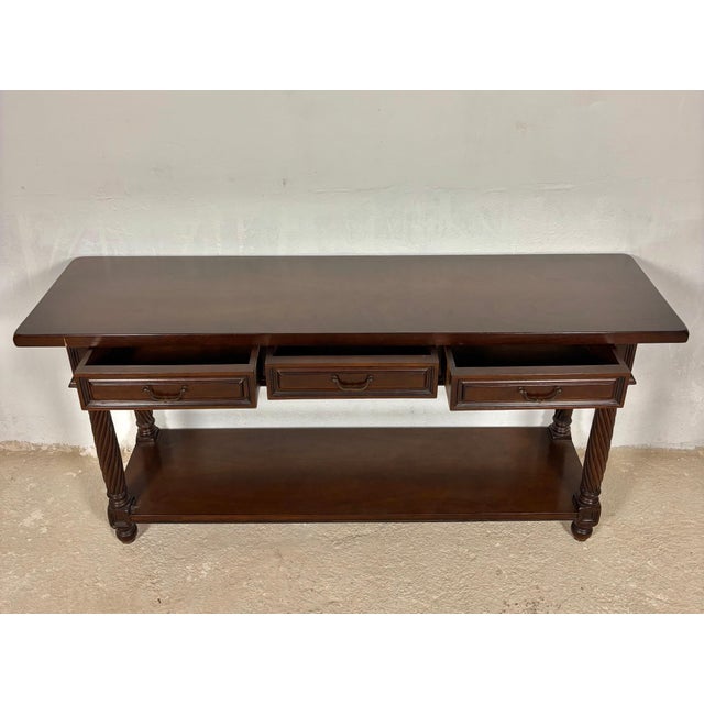 1930s Large Spanish Walnut Rustic Console with Three Drawers and Lower Shelf, 1930s For Sale - Image 5 of 15