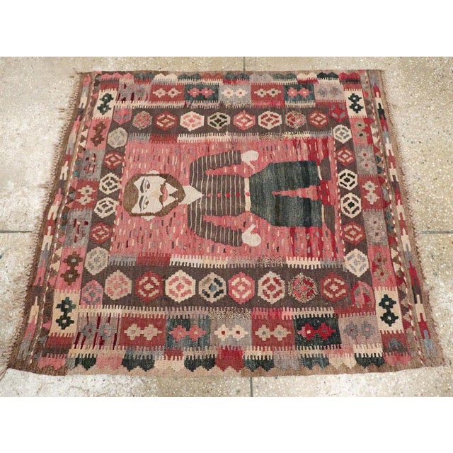 Mid 20th Century Galerie Shabab Collection Mid-20th Century Handmade Turkish Pictorial Flatweave Kilim Square Throw Rug For Sale - Image 5 of 8