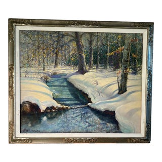 Large Original 30x35 Inches, Winter Landscape by Edward v. Warner, With Two (2) Signed Catalogues For Sale