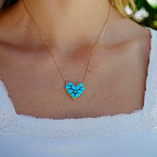Nina Zhou Jewelry Nina Zhou Fantasy 4.40ctw Turquoise Heart Pendant Necklace in 14k Yellow Gold For Sale - Image 4 of 8