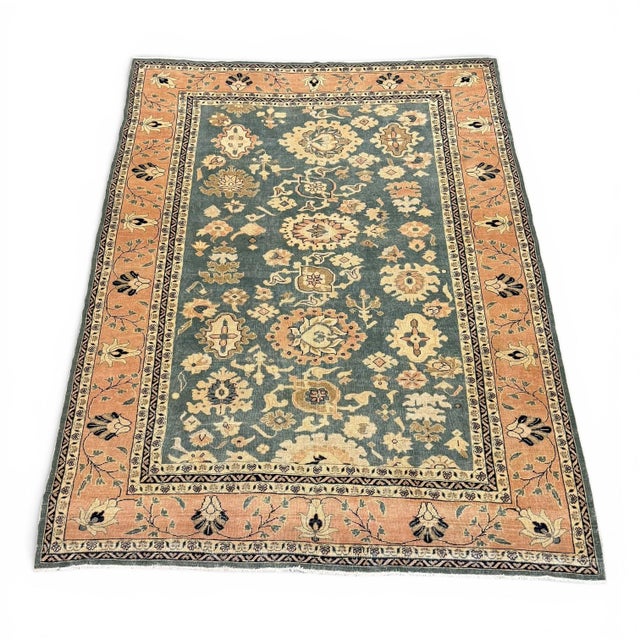 1980s Vintage Sultanabad Style | Floral Design in Green-Blue and Beige | 7x10 For Sale - Image 5 of 5