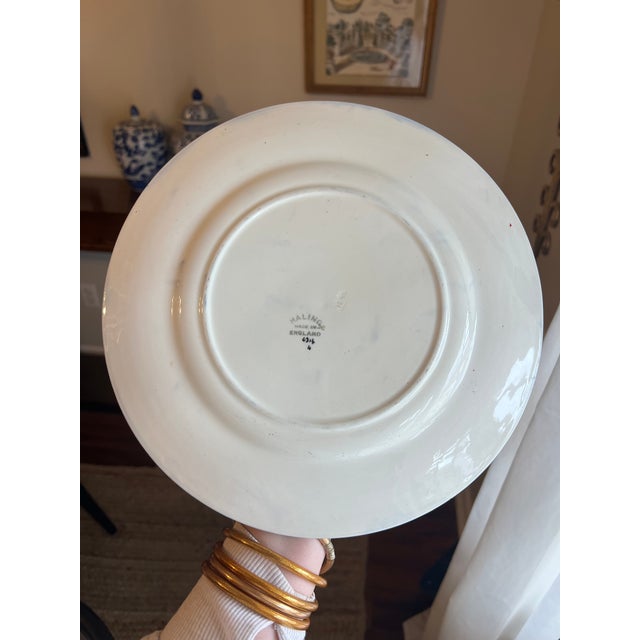 Large 11” Antique Maling English Majolica Tube Lined Pottery Plate. Features a grist mill and bridge over water scene...