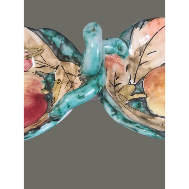 Boho Chic Vintage Italian Majolica Hand Painted Pottery 2 Compartment Handled Serving Dish For Sale - Image 3 of 8