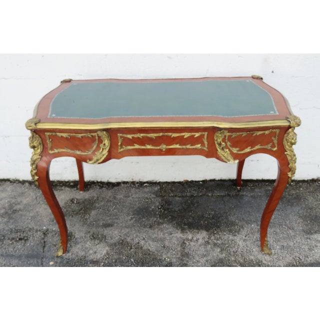 French Green Leather Top With Metal Accent Large Partner Desk 6117 For Sale - Image 13 of 18