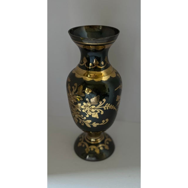 Metal Vintage Indian Black & Gold Brass Overlay Vase – Hollywood Regency Moorish Style, 12” For Sale - Image 7 of 10