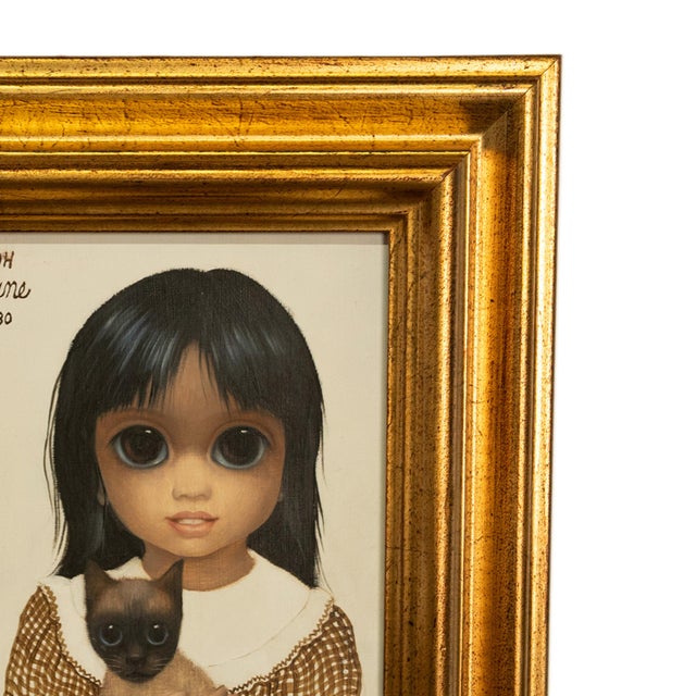 Authentic Oil Painting on Panel "Big Eyes" Beautiful Young Girl With Siamese Cat by Margaret Keane, 1980 For Sale In Portland, OR - Image 6 of 14
