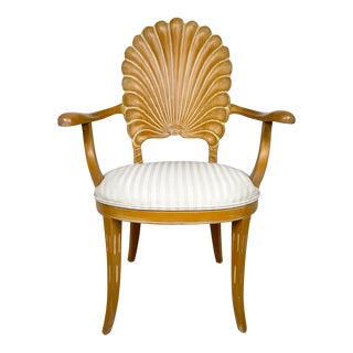 Vintage Carved Wood Shell Back Arm Chair For Sale