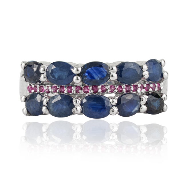 Contemporary 2.29 Ct Blue Sapphire and Ruby Handmade 925 Sterling Silver Ring, Size 6 For Sale - Image 3 of 14