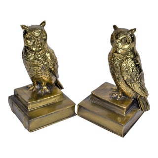 1970s Vintage Owl Brass Bookends-a Pair For Sale