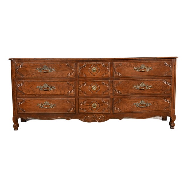 Baker Furniture French Provincial Louis XV Carved Oak Triple Dresser or Credenza For Sale
