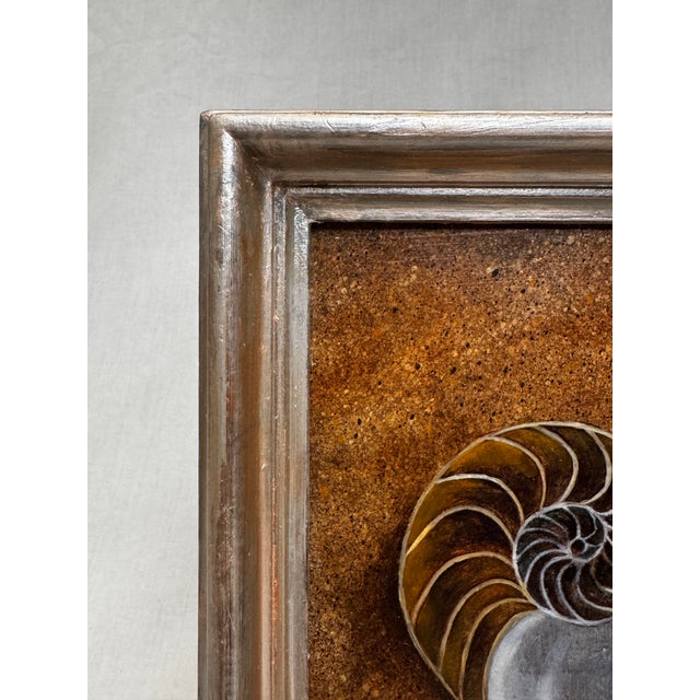 Realism Vintage Coastal Nautilus Shells Realism Original Oil Framed Painting in Silver, Brown, Camel For Sale - Image 3 of 12