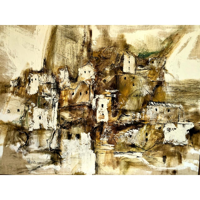 On offer is an abstract village landscape by the American Abstract Expressionist artist Gino F. Hollander (1924–2015). It...