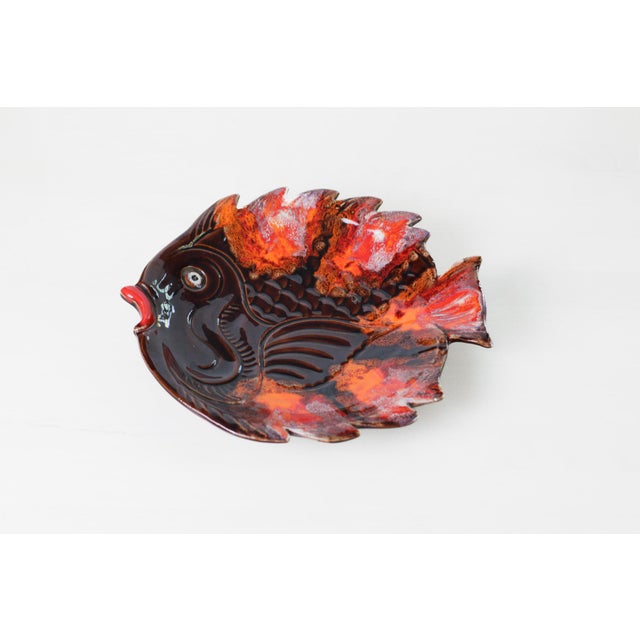 Orange Mid 20th Century Vallauris French Pottery Fish Platter in Orange and Brown Glaze For Sale - Image 8 of 16