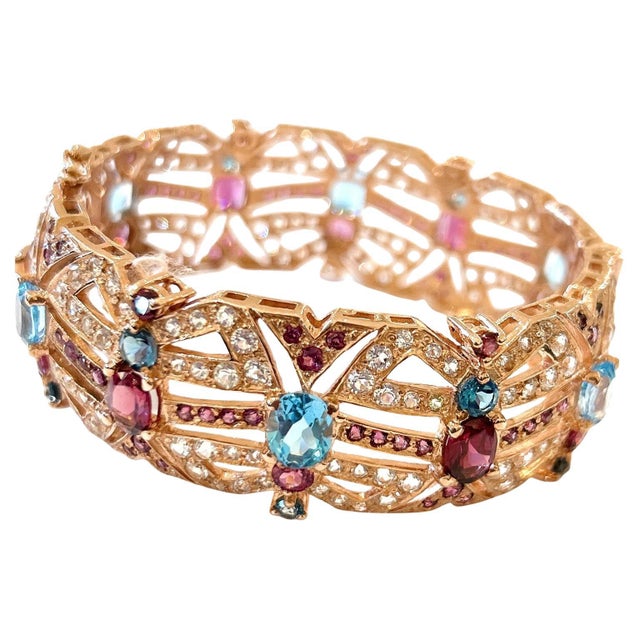 Baroque Bochic “Capri” Vintage Garnet & Multi Color Gem & Sapphire Bangle 18K & Silver For Sale - Image 3 of 9