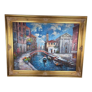 1970s Massive Venice Canal Scene – Burnette Original Oil Impasto Texture For Sale