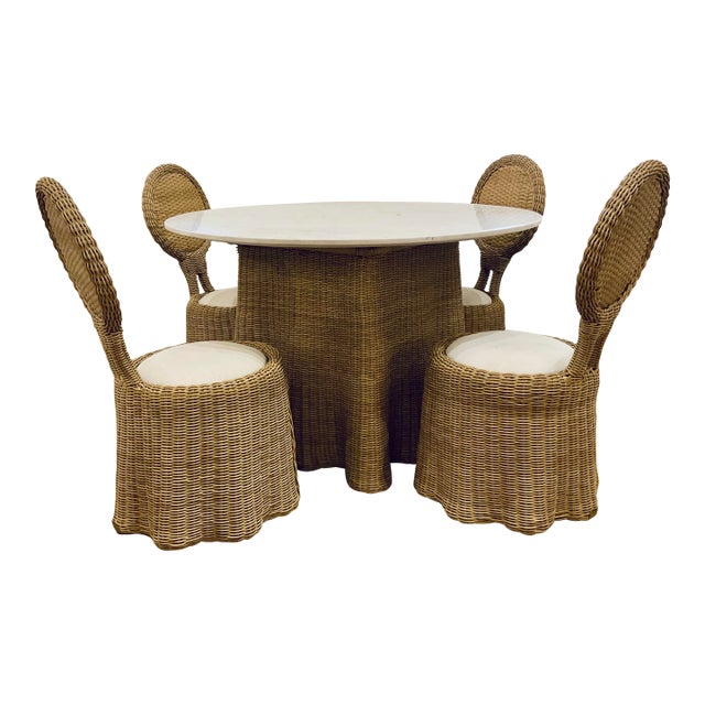 Celerie Kemble for Lane Venture Wicker Rattan Crispin Wave Indoor/Outdoor Dining Table Set For Sale