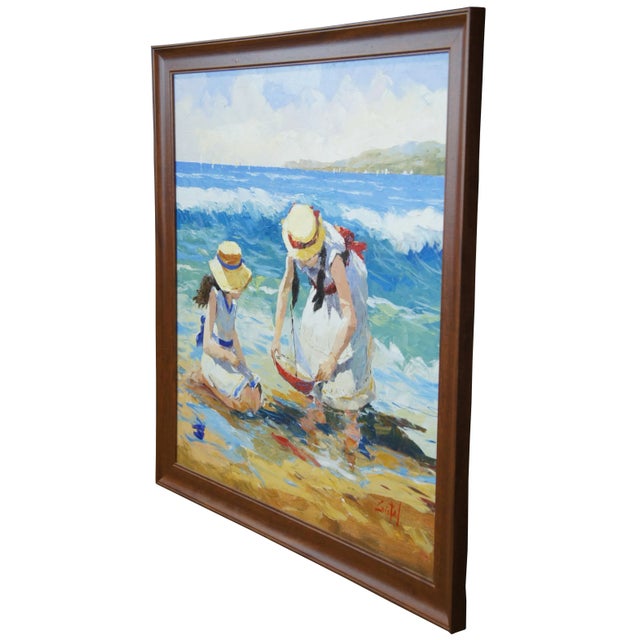 A lovely original oil painting by the Peruvian artist Martha Cristel (b. 1960). Features a mother in daughter in matching...