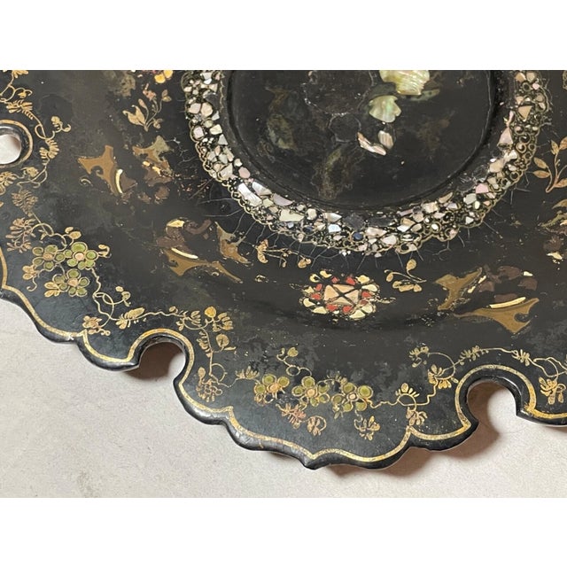 Bronze Antique 1800's Inlaid Mother of Pearl Bronze Paper Mache French Centerpiece Dish For Sale - Image 8 of 13