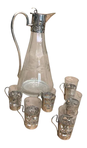 1900s Italian Art Nouveau Sterling Silver and Engraved Crystal Liquor Set - Set of 7