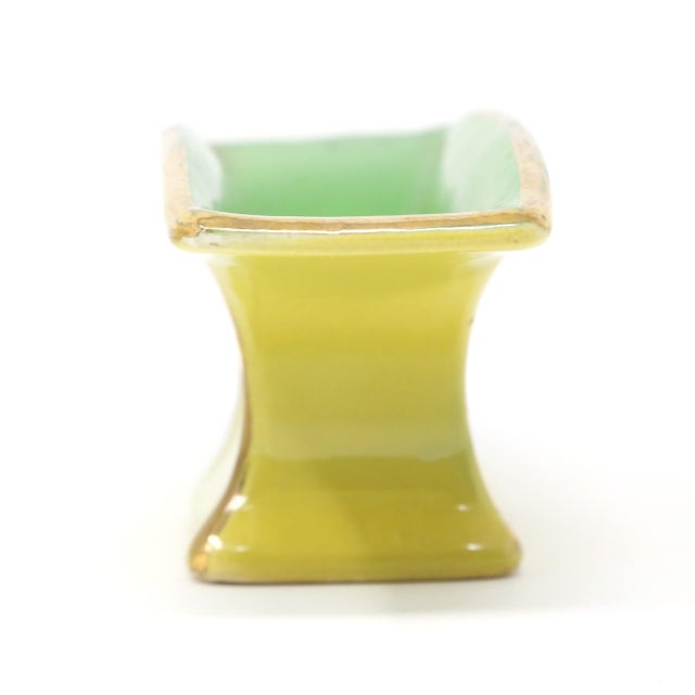 Mid-Century Modern Mid-Century Modern Chartreuse & Green Ceramic Footed Bowl With Gilt Trim For Sale - Image 3 of 7