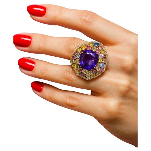 English Bochic “Orient” Vintage Sapphire & Amethyst Cocktail Ring 18K Gold & Silver For Sale - Image 3 of 13