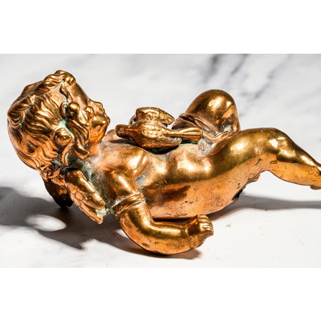 Heavy Classical Figurine Vintage Solid Metal Cherub Putti With Bird Sculpture Paperweight Home Decor Art For Sale - Image 9 of 13