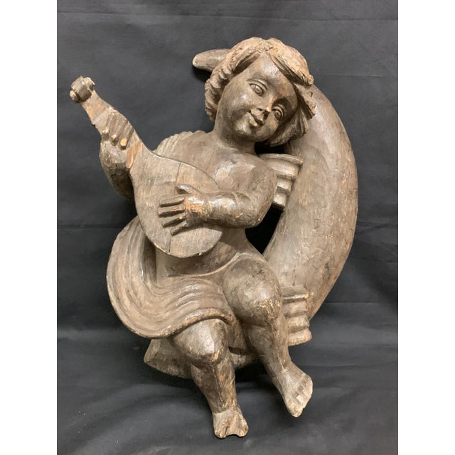 1920s Vintage Carved Wood Angel Playing Instrument Paper Mache Mold Takaan For Sale - Image 9 of 9