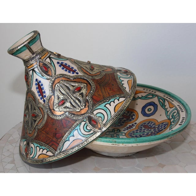 Mid 20th Century Moroccan Moorish Ceramic Polychrome Bowl/Tajine with Lid For Sale - Image 5 of 12