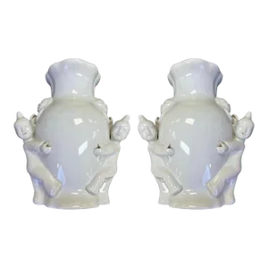 1970s Blanc De Chine Chinese Export Style Chinoiserie Wall Pockets - Pair