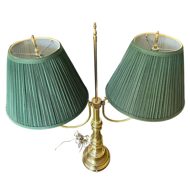 Brass Monumental Vintage Brass Bouillotte Table Lamp With Custom Hunter Green Pleated Shades — Ralph Lauren / Visual Comfort For Sale - Image 8 of 15