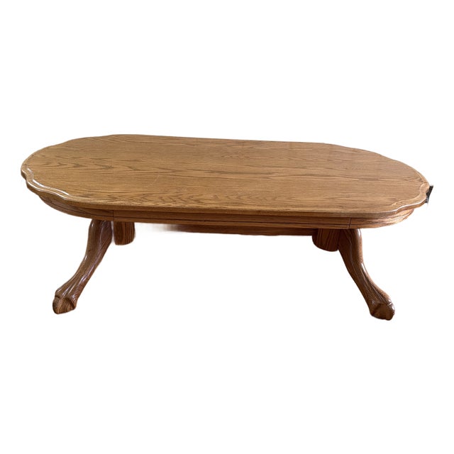 Vintage Traditional Solid Oak Oval Trestle Coffee Table For Sale