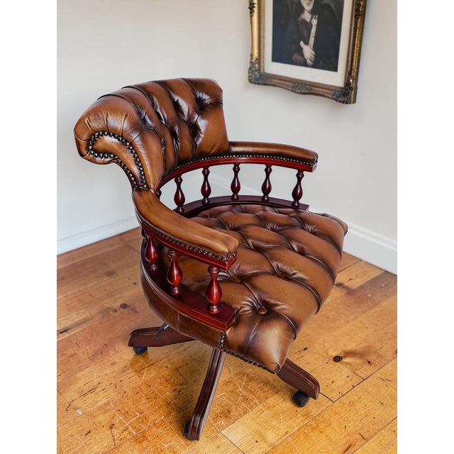 Antique Style Chesterfield Swivel and Tilt Captain's Chair in Brown Buttoned Leather, 1990s For Sale - Image 10 of 18