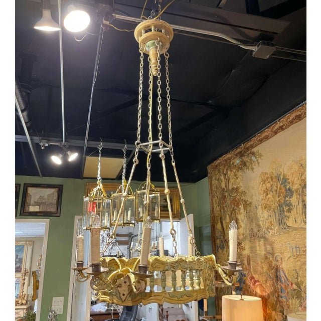 Yellow Early 20th Century French Painted Carved Walnut Eight-Light Chandelier For Sale - Image 8 of 13