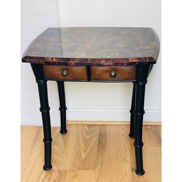 Fabulous Maitland Smith style vintage side table with two drawers and grasscloth finish, tasselated top with horn.