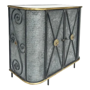 Mid 20th Century Vintage Neo-Classical Iron, Brass, Metal 2-Door Cabinet or Dry Bar, Glass Top