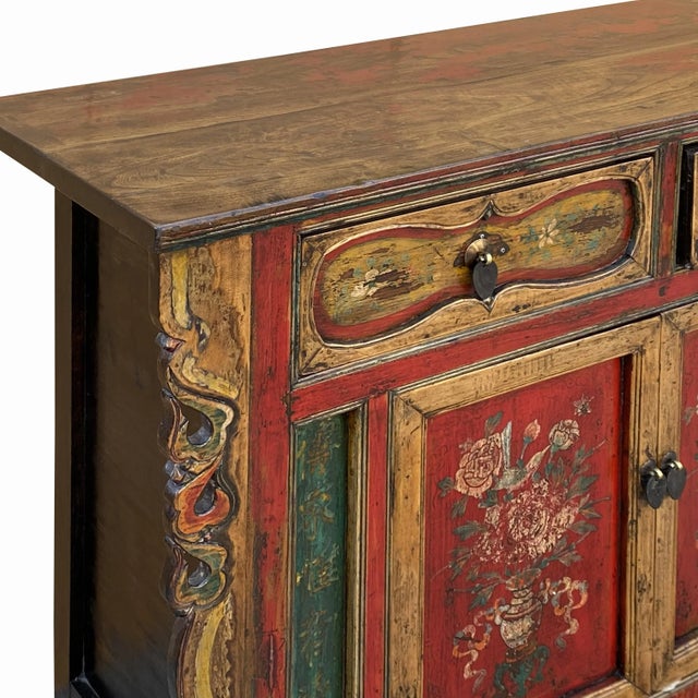 Wood Chinese Distressed Mustard Yellow Red Flower Sideboard Credenza Cabinet For Sale - Image 7 of 9
