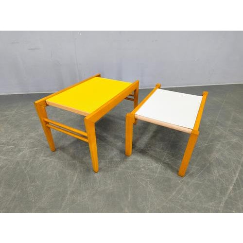 A striking pair of Mid Century modern plant stands or side tables, produced in Czechoslovakia in the 1970s. Crafted from...