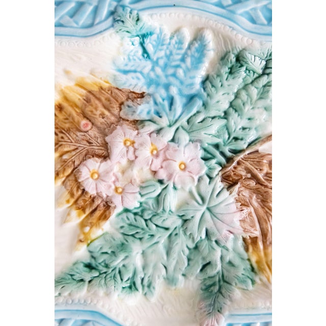 Ceramic 19th Century English Majolica Turquoise Basketweave Floral Platter For Sale - Image 7 of 9